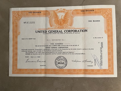 United General stock certificate 1969 Nevada