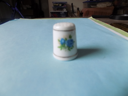 Bone China thimble with blue flowers painted TIG