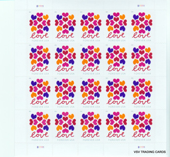 20 - USPS Forever Love Stamps on 1 sheet, Good for Weddings, Graduation, Parties!