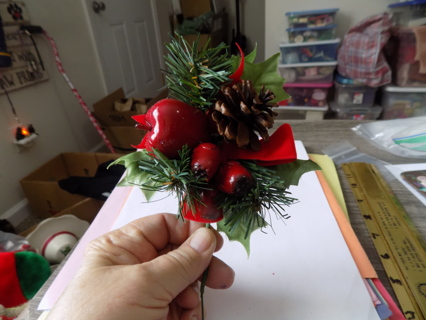 Vintage Christmas floral pick 8 inch holly leaves, pine cone, apple, berries