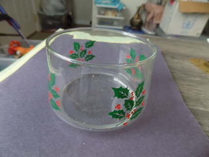 clear glass bowl candy dish holly leaves, berries painted 4 inch round 3 tall 