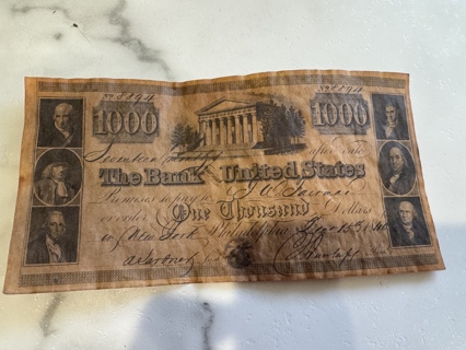 Vintage $1,000 Bill The Bank of the United States Reproduction December 15, 1840 "Great for Framing"
