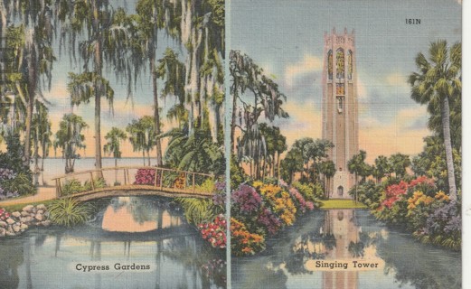 Vintage Used Postcard: b: 1954 Cypress Gardens & Singing Tower, FL