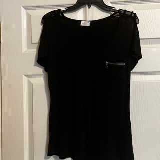 Black Women Criss Cross Open Shoulder Short Sleeve Knit Top - Size L 