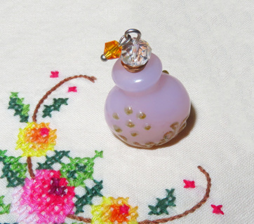 Perfume Bottle, Fillable, Lampworked Glass, Cork, Pink Glass, with Gold-colored Glitter, 38x24mm 