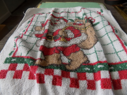 Christmas wash cloth Santa waving and walking toy bag on back  holly trim red, & white checkered