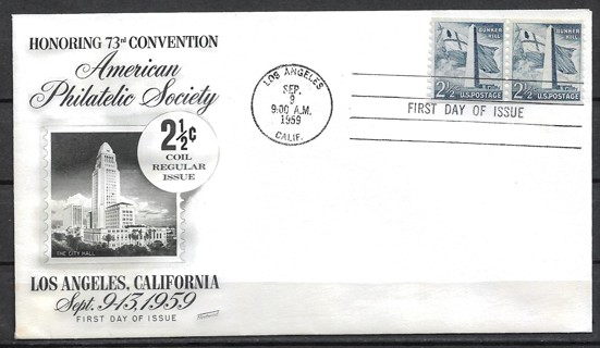 1959 Sc1056 2½¢ Bunker Hill coil pair FDC