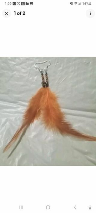 Orange long feather beaded hook earrings new