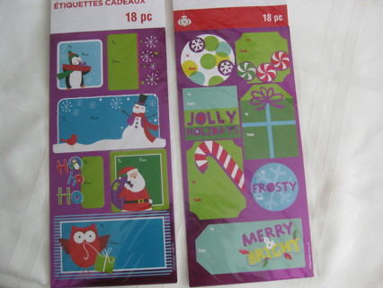 Christmas gift tags/stickers, 2 different packs, 18 pcs. each. New.