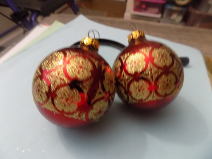 Vintage 2 red glass round ornament with golden glitter circle design