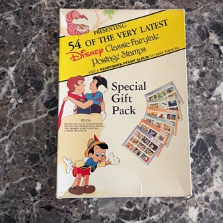 54 Disney, classic fairytale, postage stamps, and a story book stamp album