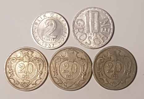 5 Coin Austria 1894 1957 1965 and 10 Stamp 1922 1924 1949