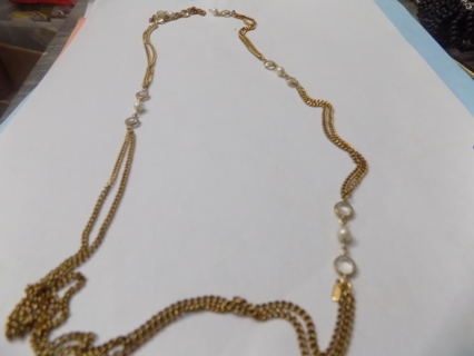 MONET Goldtone necklace long double strand chan flat clear faceted rhinestone & pearl middle