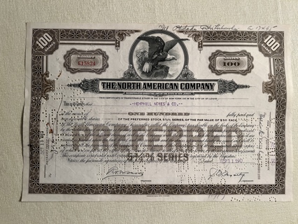 North American Company stock certificate 1943 dark brown Eagle Original Dow Jones stock