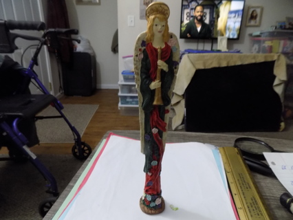 10 inch resin skinny angel dressed in green gown, & red scarf covered in roses