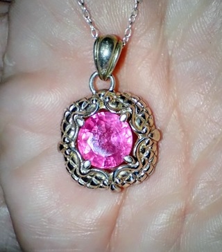 NECKLACE FANTASTIC STERLING SILVER AND A REAL PINK SAPPHIRE WITH 18 INCH STERLING SILVER CHAIN WOW!