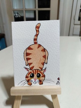 ACEO Original, Watercolor Painting 2-1/2"X 3/1/2" Whimsical Cat by Artist Marykay Bond