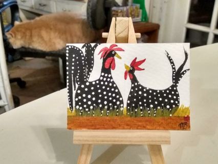 Original, Watercolor Painting 2-1/2"X 3/1/2" Whimsical Chickens by Artist Marykay Bond