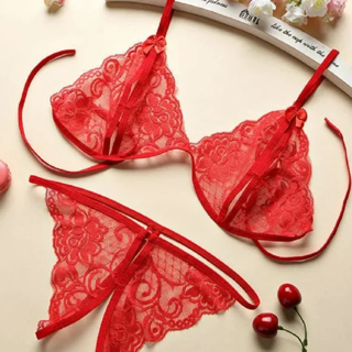 NEW Sexy RED HOT Lingerie Set Crotchless Thong Panties Top FREE SHIPPING