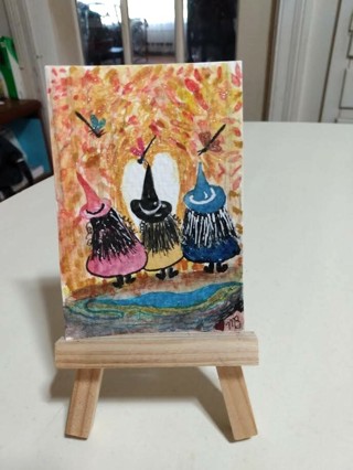 ACEO Original Watercolor & Salt Painting 2-1/2"X 3/1/2" Witches & Dragonflies by Artist Marykay Bond