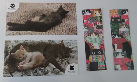 2 bookmarks, 2  stamped postcards. Cats