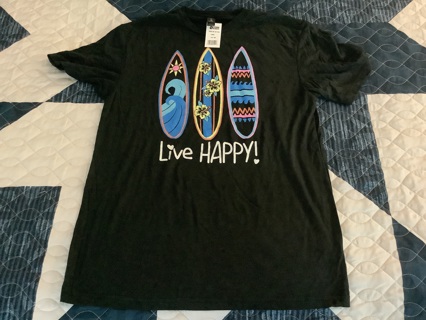 Surf Boards Live Happy Men’s Large Black T-shirt Brand New With Tag Back To School Sale