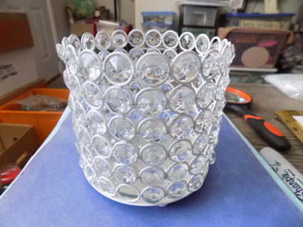 5 inch round and tall Polar Frost metal and clear faceted stone candle holder