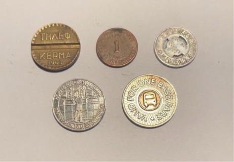5 Different Vintage Dime & Nickel Sized Tokens