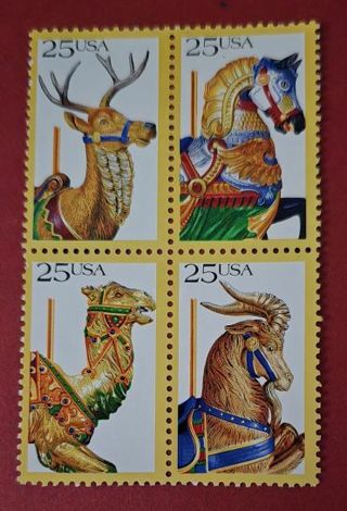 One Block of 4 Mint .25 Carousel Horses US Postage Stamps