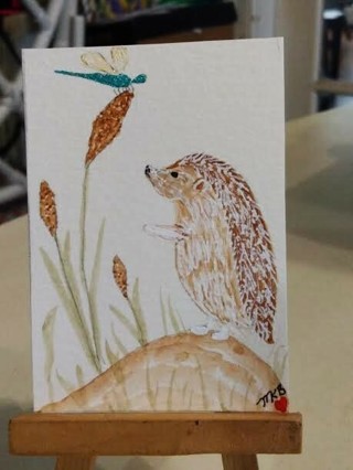 Original, Watercolor Painting " 2-1/2 X 3-1/2" ACEO Hedgehog & Dragonfly by Artist Marykay Bond