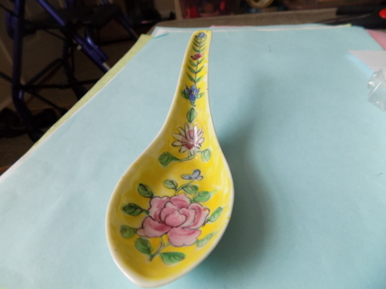 Antique 6 inch long yellow porcelain soup/rice spoon handpainted bowl