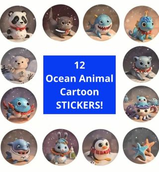 ➡️⭕(12) 1" OCEAN ANIMAL CARTOON STICKERS!!