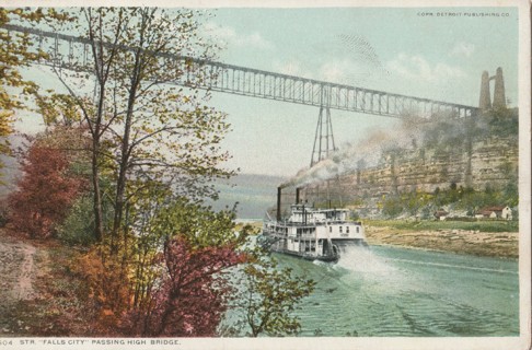 Vintage Unused Postcard: d: Steamer Falls City, Passing High Bridge