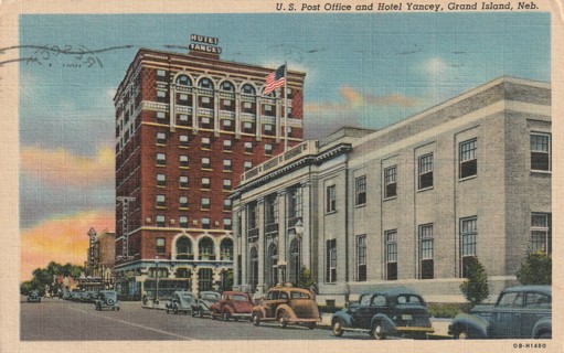 Vintage Used Postcard: 1949 US Post Office, Hotel Yancy, Grand Island, NE