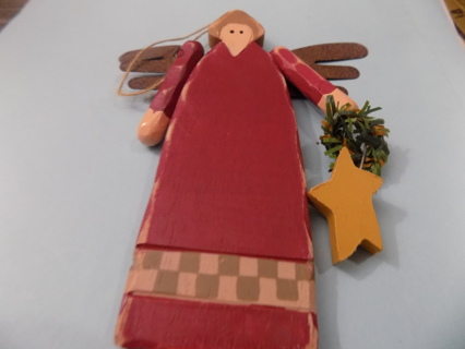 5 1/2 tall wood jointed vintage angel ornament maroon gown holds star & pine garland