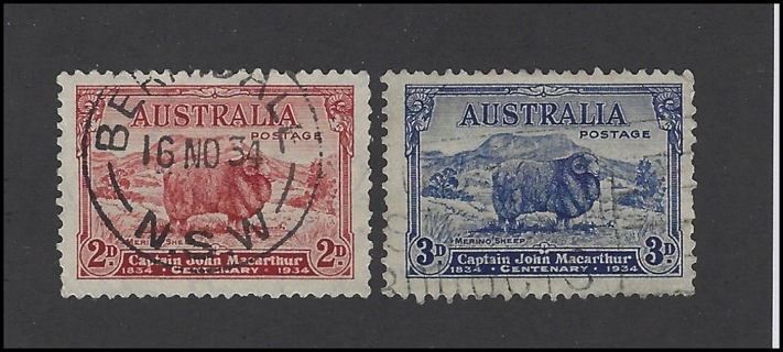 1934 Australia stamps (2), Merino Ram, Scott #s 147, 148, est CV $13.15