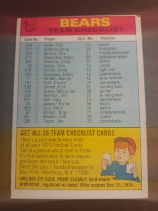 Chicago Bears 1974 Topps Football Team Checklist 