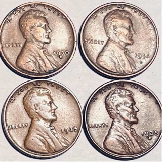 4 Vintage 1930’s Lincoln Wheat Pennies 