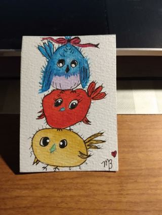 ACEO Original, Watercolor Painting 2-1/2"X 3/1/2" Whimsical Birds by Artist Marykay Bond