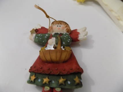 3 inch resin angel ornament green calico dress red apron holds basket