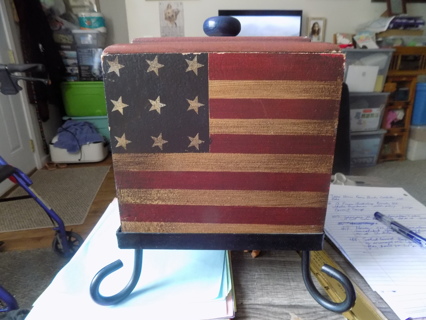 Solid Wood box and lid 9 inch square rought iron frame legs, American flag painted