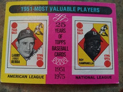 1975 TOPPS- 1951 MOST VALUABLE PLAYERS- YOGI BERRA YANKEES/ROY CAMPANELLA RED SOX BASEBALL CARD#189