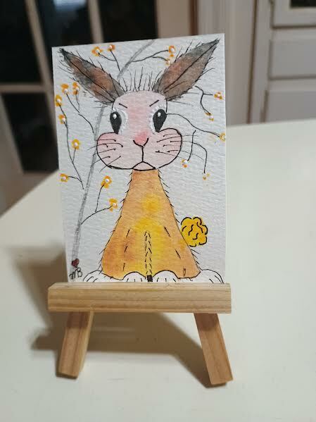 FREE: ACEO Original Watercolor Painting 2-1/2"X 3/1/2"Whimsical Bunny by Artist Marykay Bond