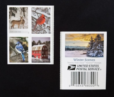 GENUINE USPS FOREVER STAMPS WINTER SCENES BLOCK OF 4 BARN DEER BLUE JAY CARDINAL