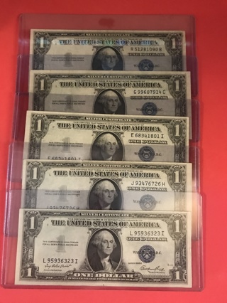 LOT OF 5 SERIES 1935E / 1935A SILVER CERTIFICATE BLUE SEAL $1 One Dollar  WITHOUT THE MOTTO ON BACK!