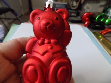 3 inch red acrylic teddybear in vest and bow tie ornament vintage