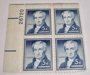 Scott #1038, James Monroe, Pane of 4 Useable 5¢ US Postage Stamps. Has Original Gum.