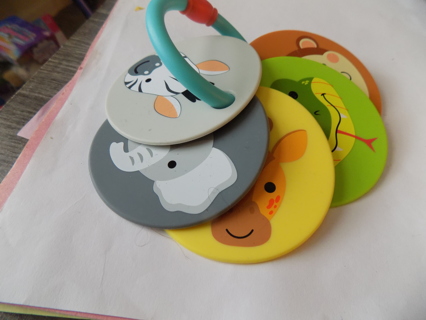 Baby toy 5 rubber disce 3 inch round with animal picture & name on either side