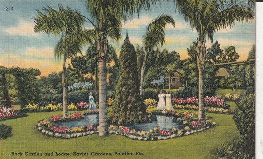 Vintage Used Postcard: (w): 1943 Rock Garden & Lodge, Ravine Gardens, Palatka, FL