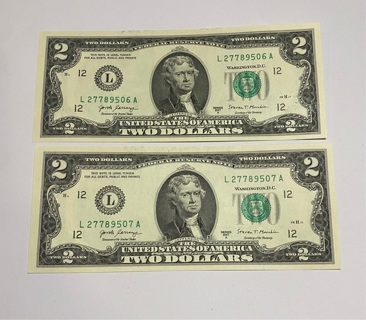 Two Dollar Bills Sequential 2017 Series A * Super Crisp! Very nice !